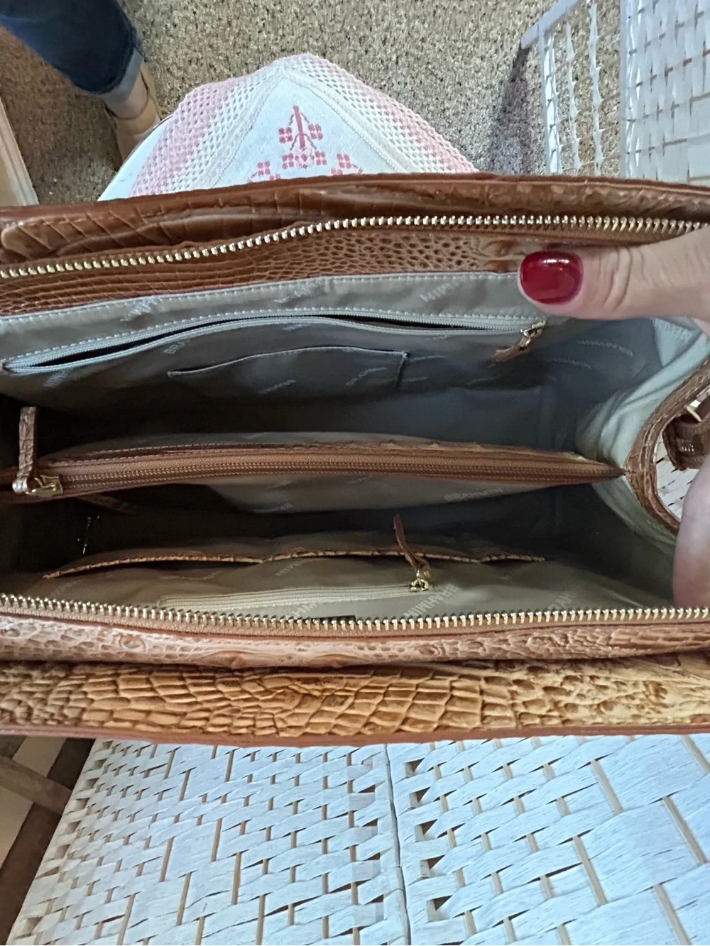 BRAHMIN FINLEY Driftwood Tan Metallic Croc-Embossed Satchel Tote Bag Office
